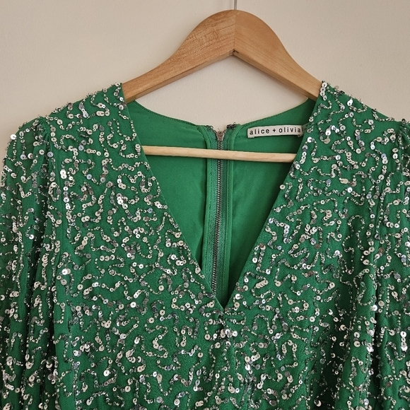 Alice + Olivia Green Sequin Beaded Long Sleeve Mini Dress - Picture 3 of 14